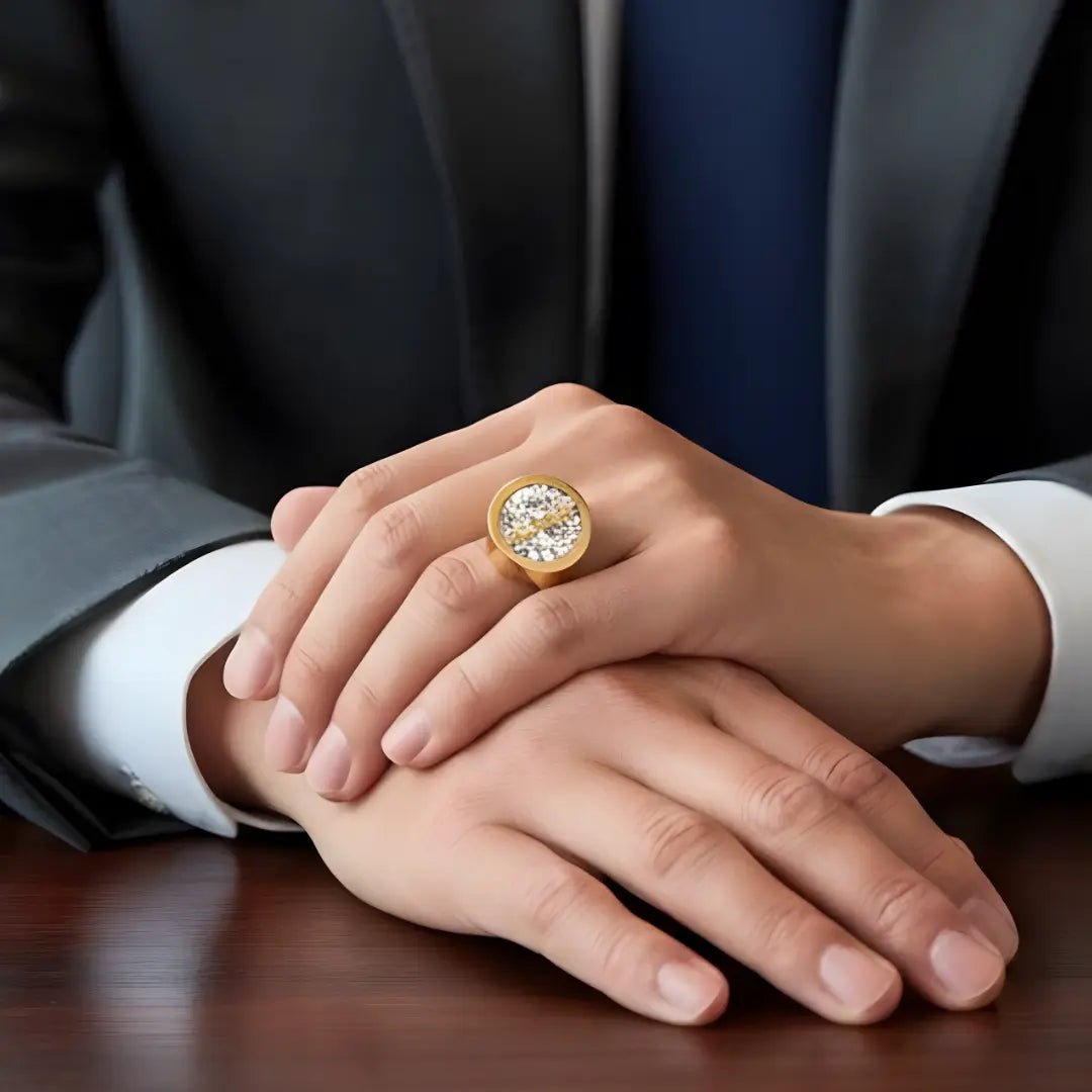 18K Gold Filled Round Crystal Statement Ring – Unisex Luxury Band for Men & Women